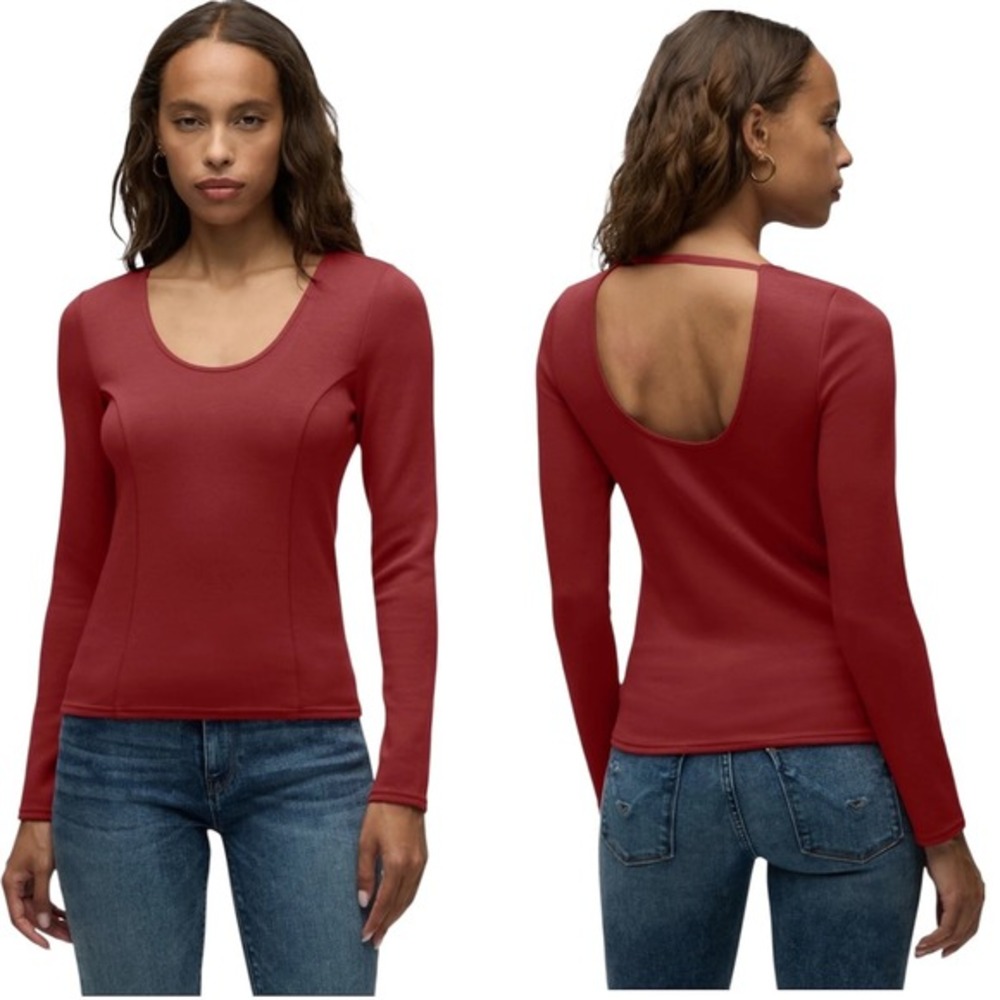 Long Sleeve Top Open Back Fitted Blouse Casual Everyday Red Size S